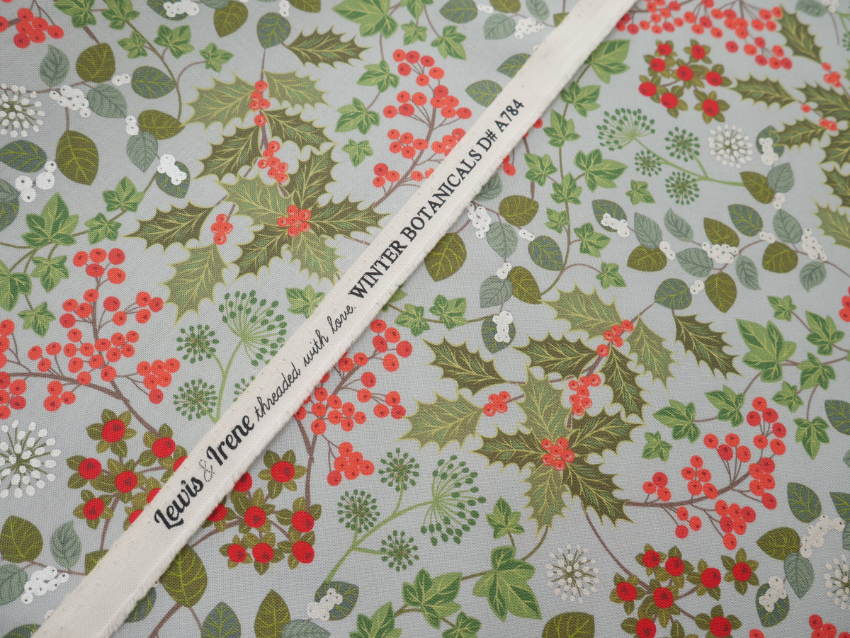 Lewis &amp; Irene Winter Botanicals, Holly &amp; Ivy in Blue Pearl-Cotton Fabric-Flying Bobbins Haberdashery