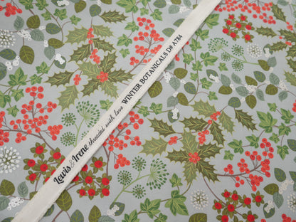 Lewis &amp; Irene Winter Botanicals, Holly &amp; Ivy in Blue Pearl-Cotton Fabric-Flying Bobbins Haberdashery