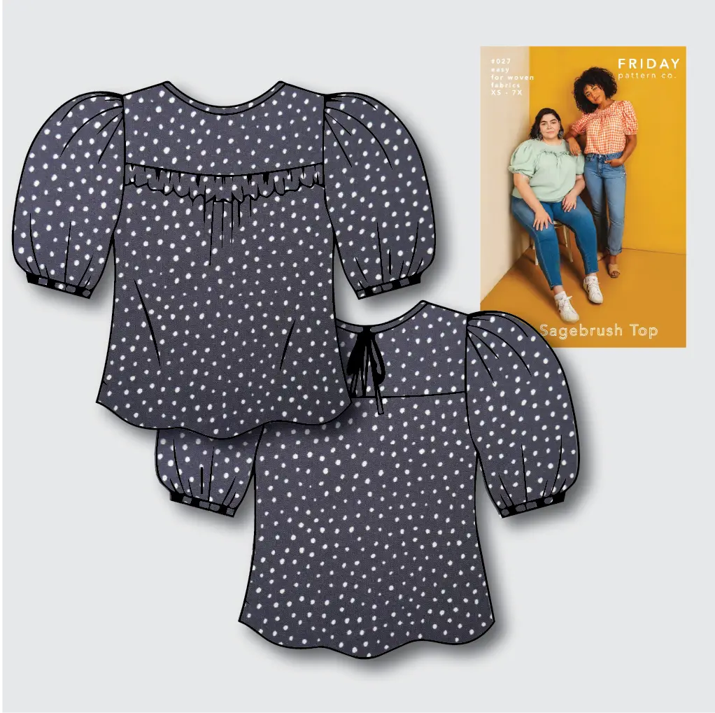 Sagebrush Top Kit - Raining Dots Viscose Lawn by Lady McElroy in Navy-Sewing Kit-Flying Bobbins Haberdashery