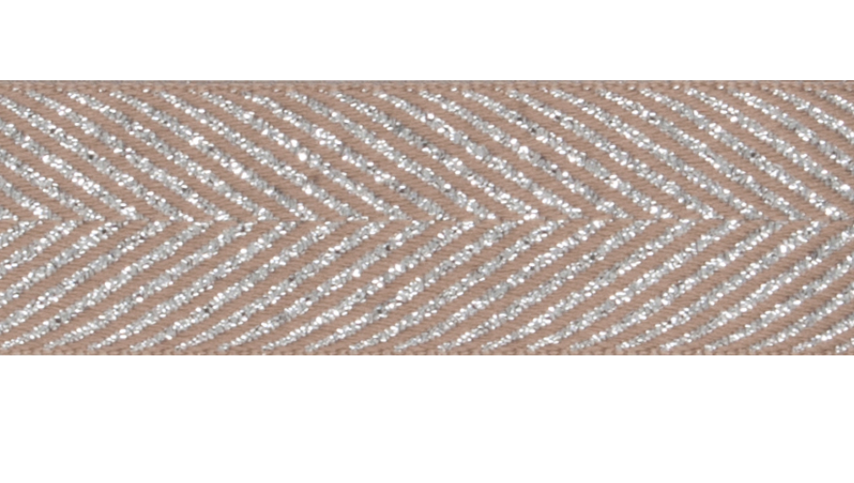 Chevron Sparkle Satin Ribbon, 25mm - Silver/Oatmeal-Ribbon-Flying Bobbins Haberdashery