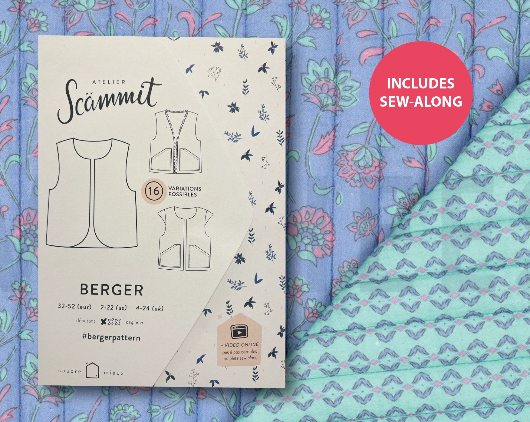 Berger Gilet Kit - Quilted Cotton in Sky/Mint-Sewing Kit-Flying Bobbins Haberdashery