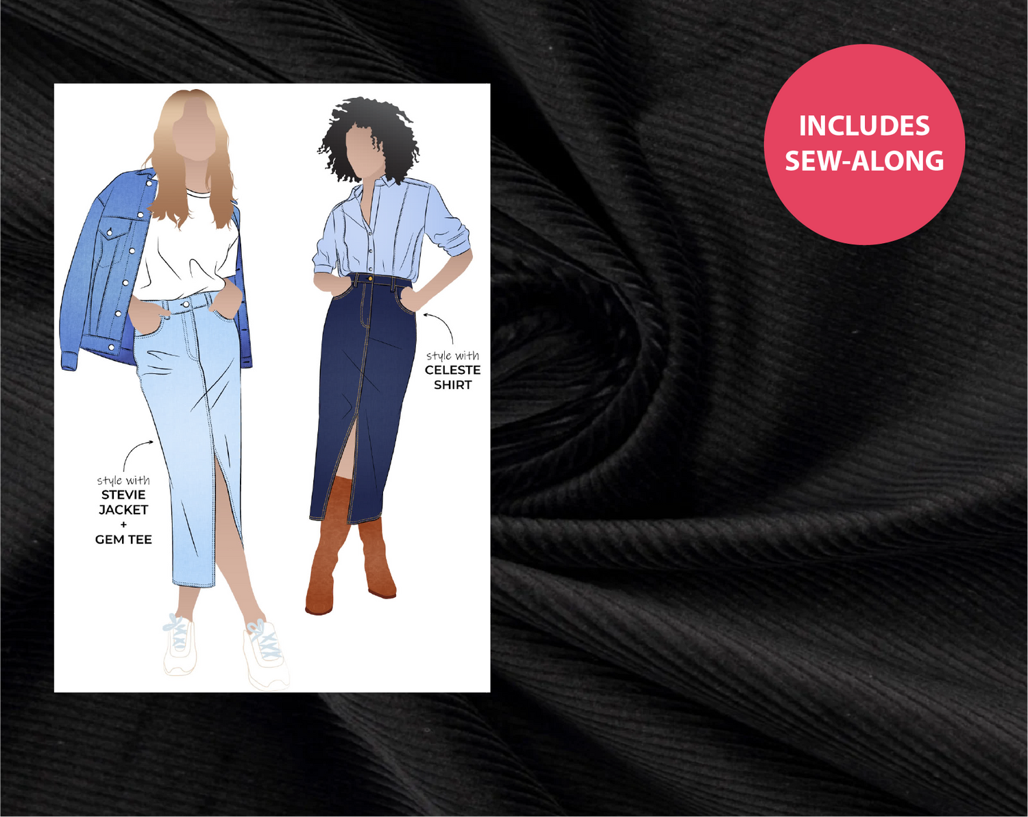 Tommie Skirt Kit - Luxe Stretch Cord in Black-Sewing Kit-Flying Bobbins Haberdashery