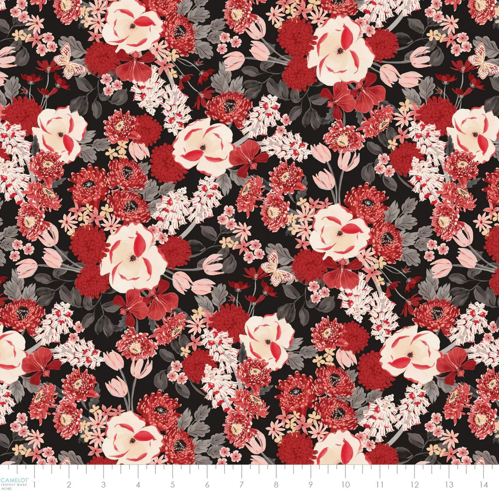 Blooms &amp; Bows Printed Cotton by Camelot - Flourishing Blooms in Black-Cotton Fabric-Flying Bobbins Haberdashery