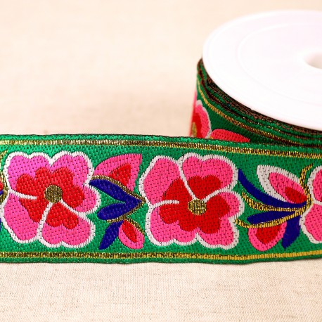 Jacquard Trim - Flowers in Green-Trims-Flying Bobbins Haberdashery