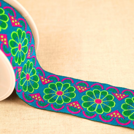 Jacquard Trim - Rosettes in Turquoise-Trims-Flying Bobbins Haberdashery