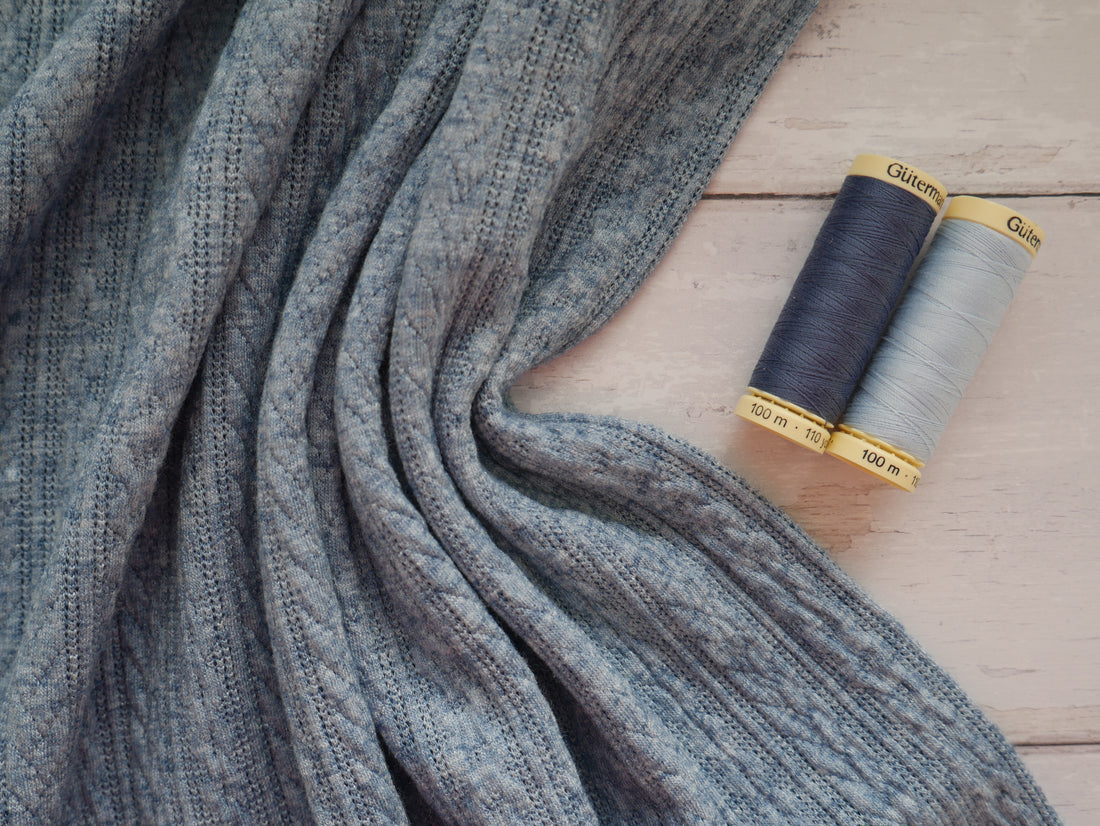 Cable Jacquard Knit Fabric in Blue £19.00-Jersey Fabric-Flying Bobbins Haberdashery