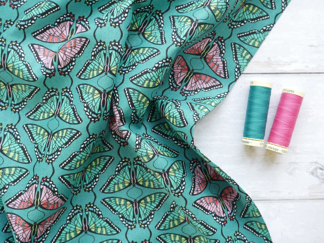 Flora and Fauna - Swallowtail in Teal, 100% Cotton, £12.50 p/m-Cotton-Flying Bobbins Haberdashery