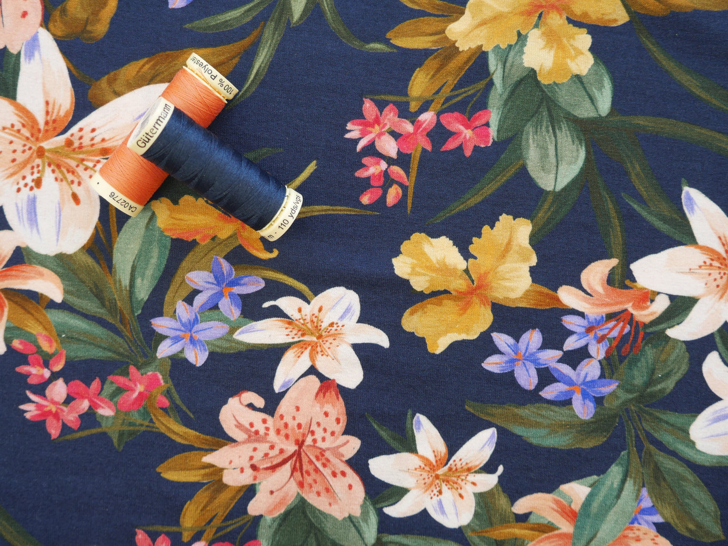 Tropical Print Viscose Jersey in Navy £15.80 pm-Viscose-Flying Bobbins Haberdashery