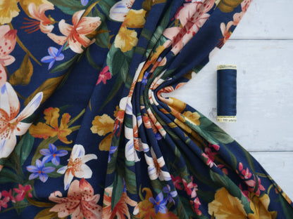 Tropical Print Viscose Jersey in Navy £15.80 pm-Viscose-Flying Bobbins Haberdashery