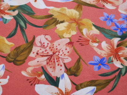 Tropical Print Viscose Jersey in Coral £15.80 pm-Viscose-Flying Bobbins Haberdashery