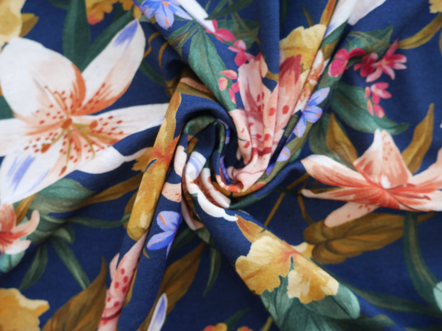 Tropical Print Viscose Jersey in Navy £15.80 pm-Viscose-Flying Bobbins Haberdashery