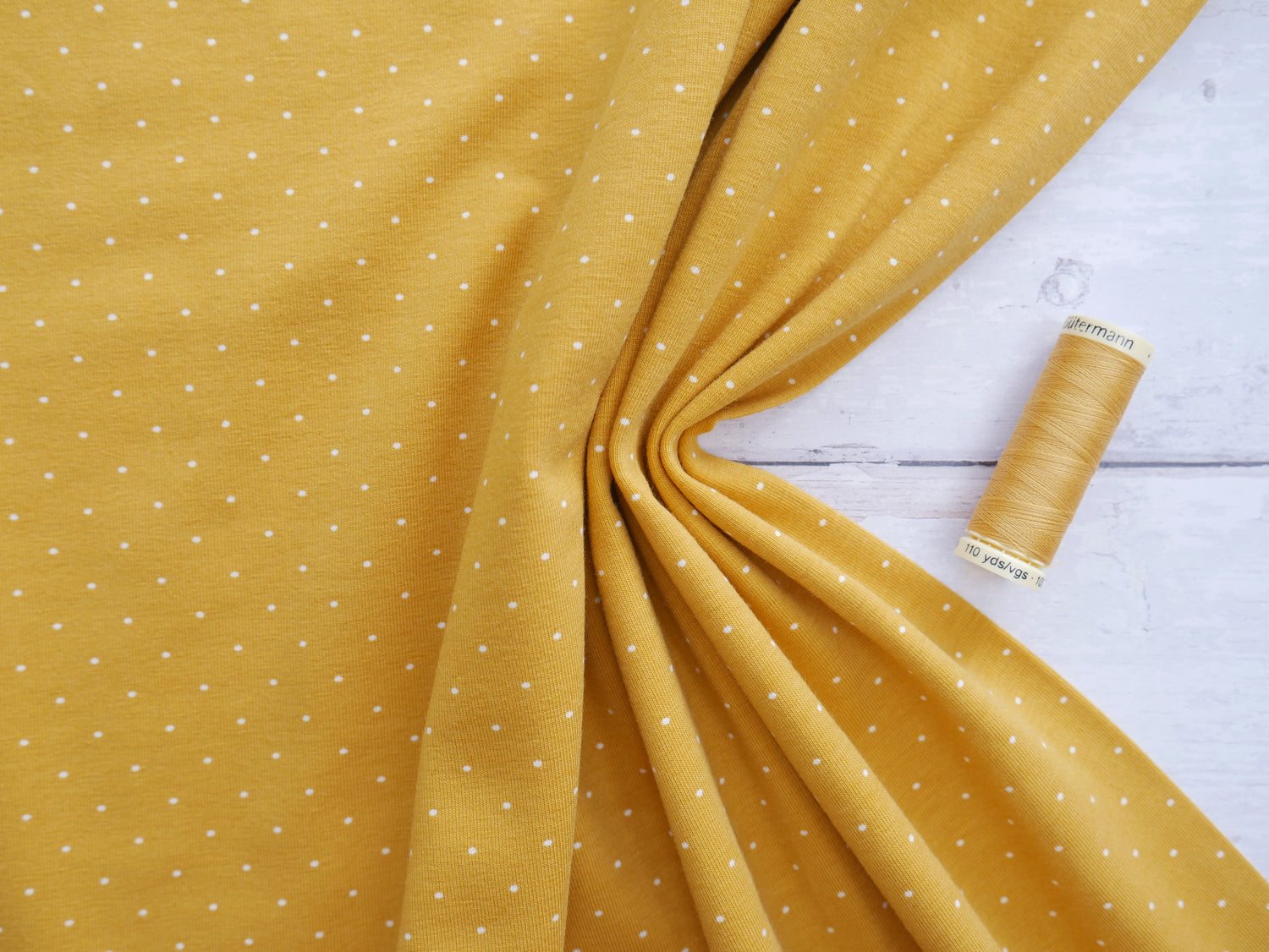 Pin Spot Cotton Jersey in Ochre £16.00 pm-Cotton Jersey-Flying Bobbins Haberdashery