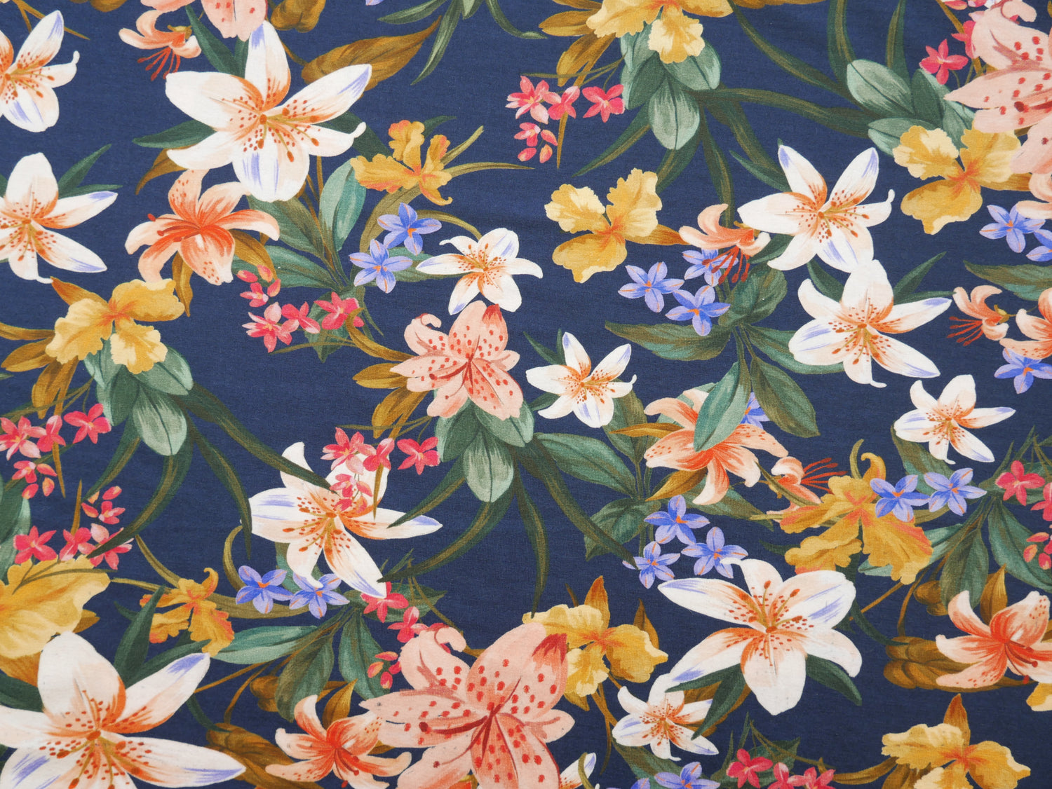 Tropical Print Viscose Jersey in Navy £15.80 pm-Viscose-Flying Bobbins Haberdashery