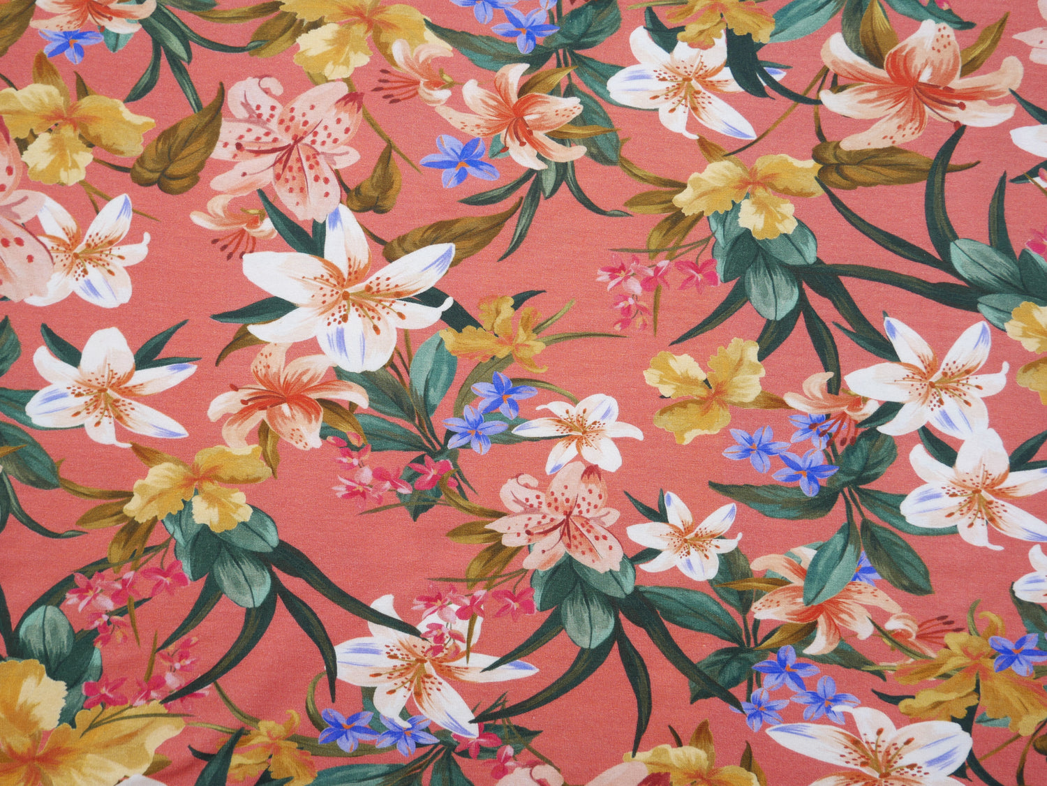 Tropical Print Viscose Jersey in Coral £15.80 pm-Viscose-Flying Bobbins Haberdashery