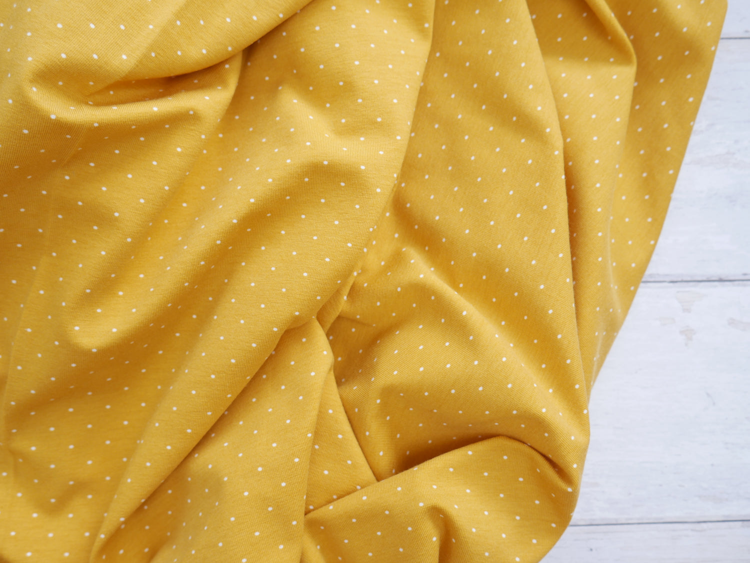 Pin Spot Cotton Jersey in Ochre £16.00 pm-Cotton Jersey-Flying Bobbins Haberdashery