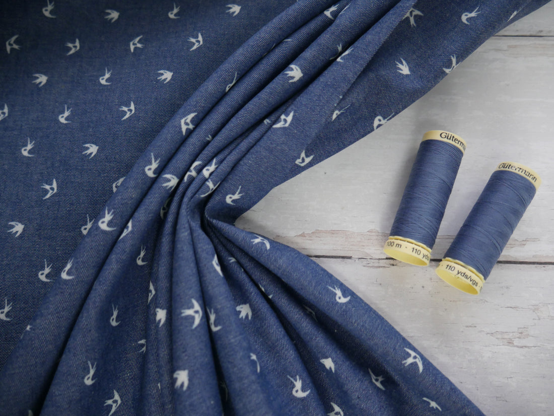 Swallows Print Chambray, £10.00 p/m-Fabric-Flying Bobbins Haberdashery