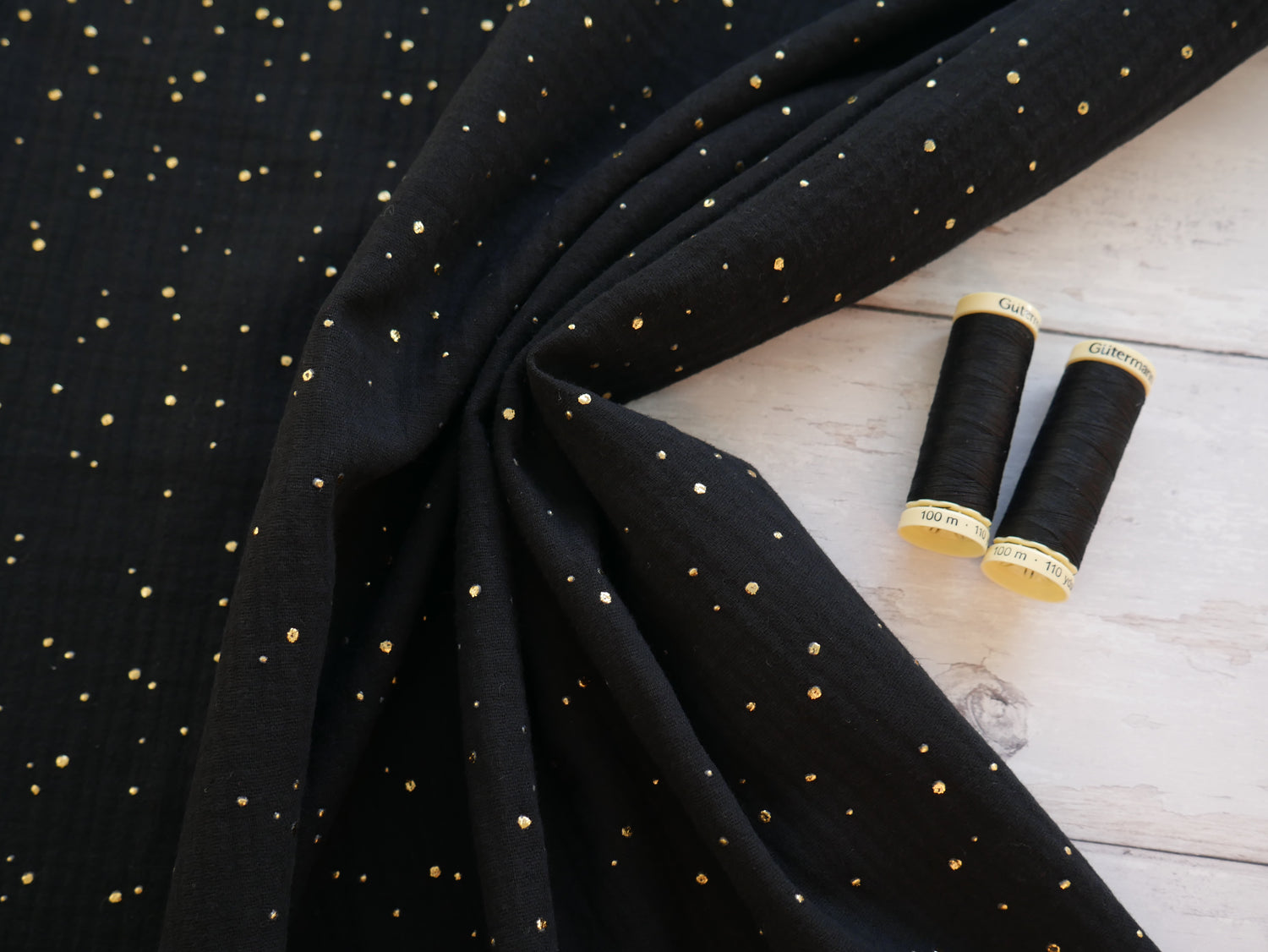 Gold Spot Double Gauze in Black £12 p/m-Flying Bobbins Haberdashery