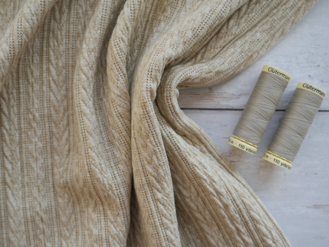 Cable Jacquard Knit Fabric in Sand £19.00-Jersey Fabric-Flying Bobbins Haberdashery