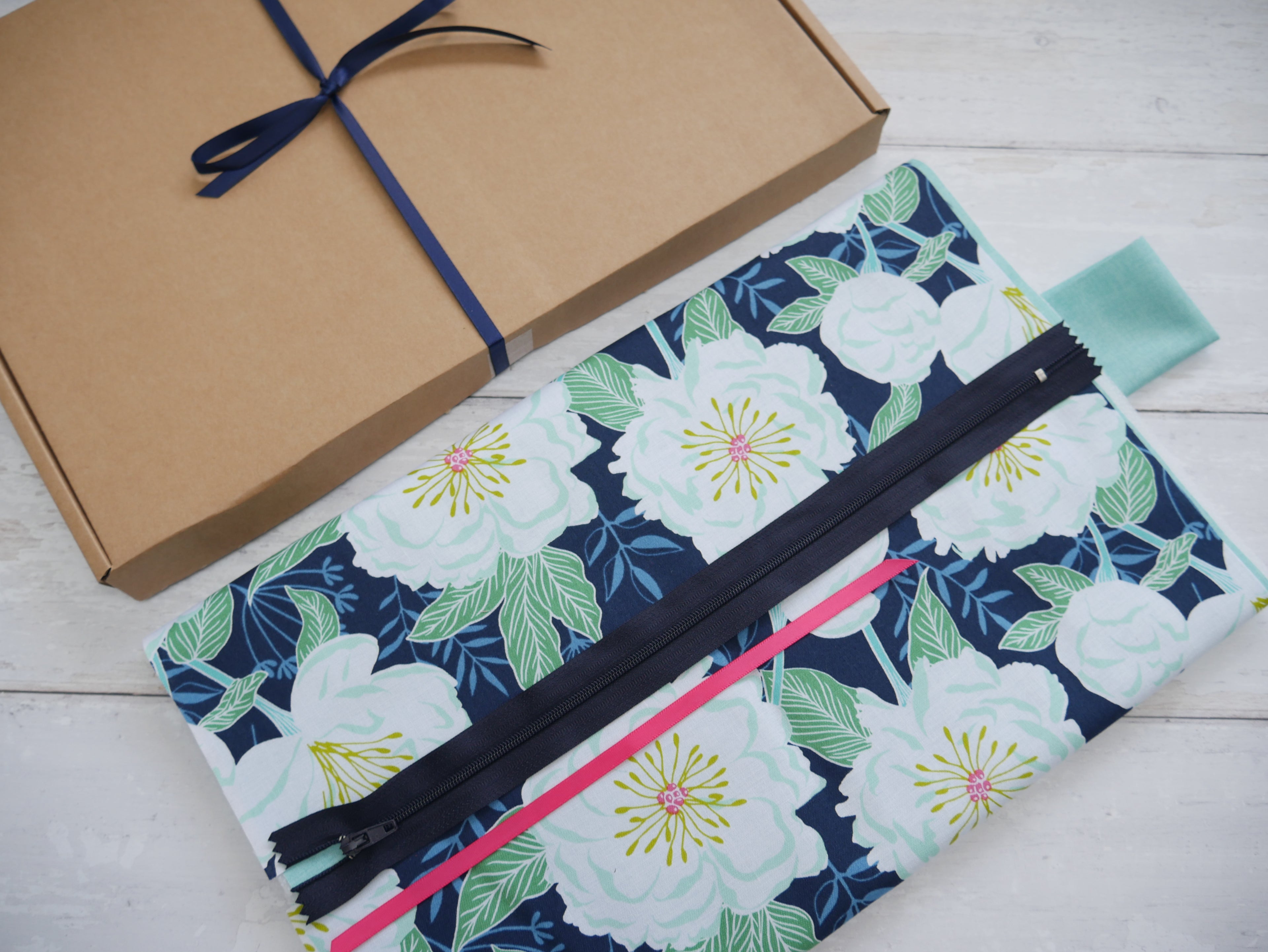 Blue Camellias Boxed Make-Up Bag Kit-Sewing Kit-Flying Bobbins Haberdashery