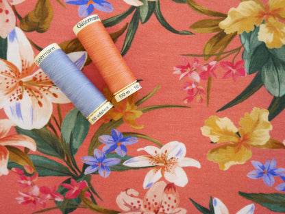 Tropical Print Viscose Jersey in Coral £15.80 pm-Viscose-Flying Bobbins Haberdashery