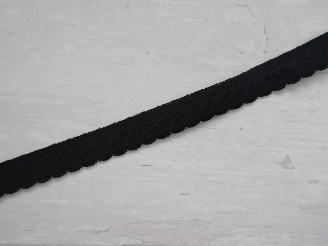 Fold-Over Elastic with Scalloped Edge, 12mm, Black-Haberdashery-Flying Bobbins Haberdashery