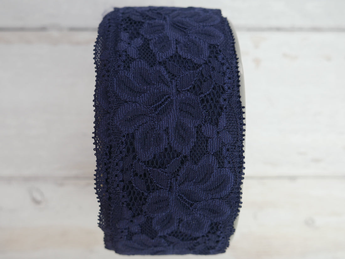 55mm Lace Elastic - Navy-Haberdashery-Flying Bobbins Haberdashery