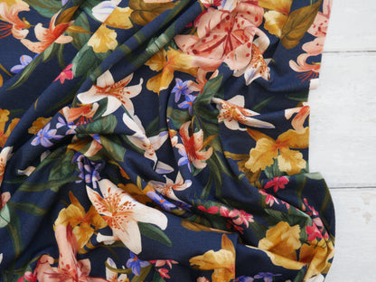 Tropical Print Viscose Jersey in Navy £15.80 pm-Viscose-Flying Bobbins Haberdashery