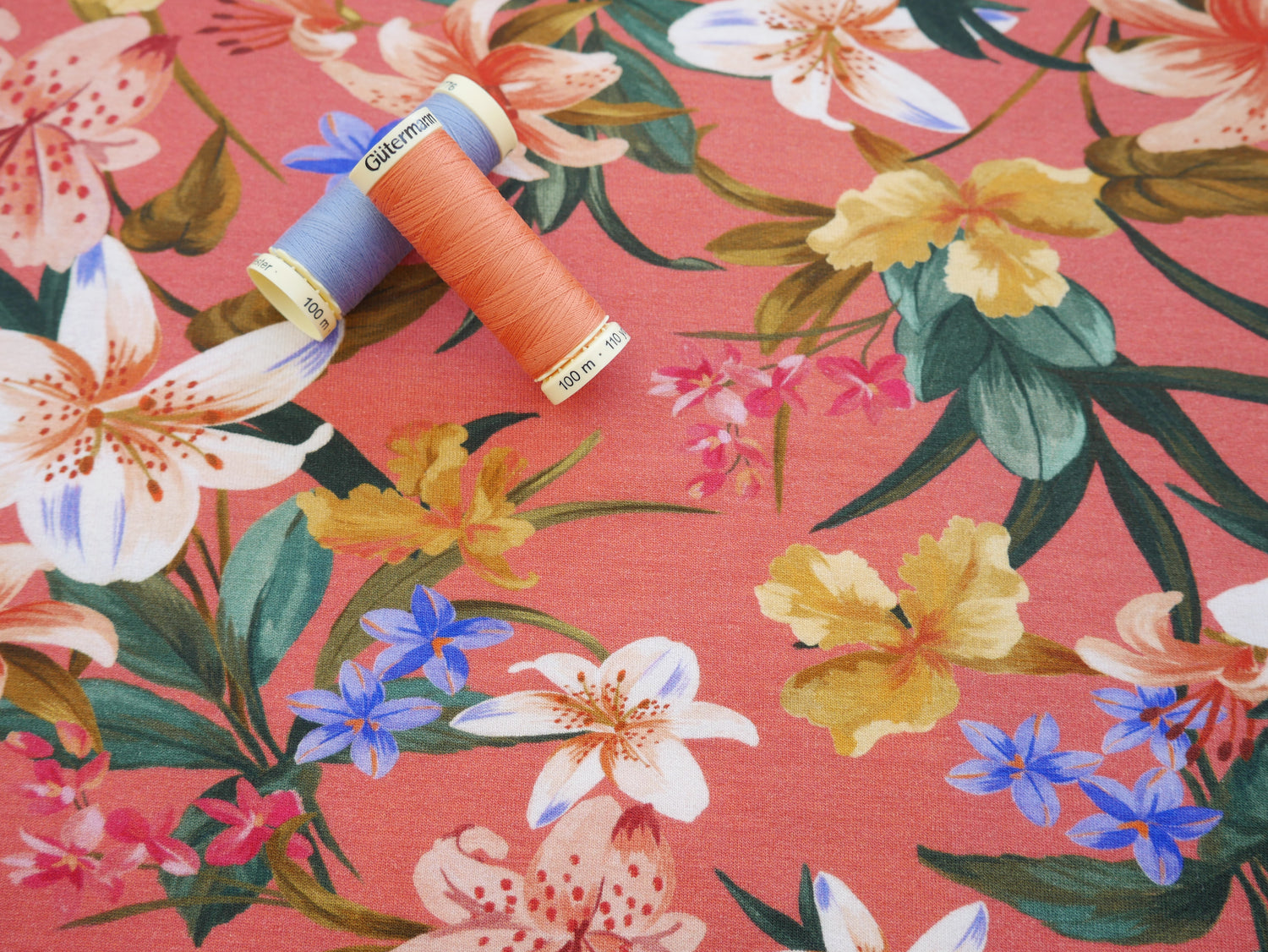 Tropical Print Viscose Jersey in Coral £15.80 pm-Viscose-Flying Bobbins Haberdashery