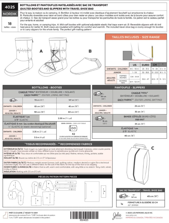 Jalie Nordik Sewing Pattern - Booties, Slippers &amp; Bag-Pattern-Flying Bobbins Haberdashery