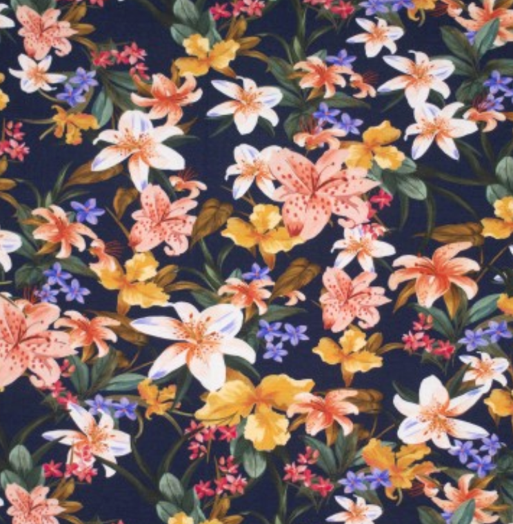 Tropical Print Viscose Jersey in Navy £15.80 pm-Viscose-Flying Bobbins Haberdashery